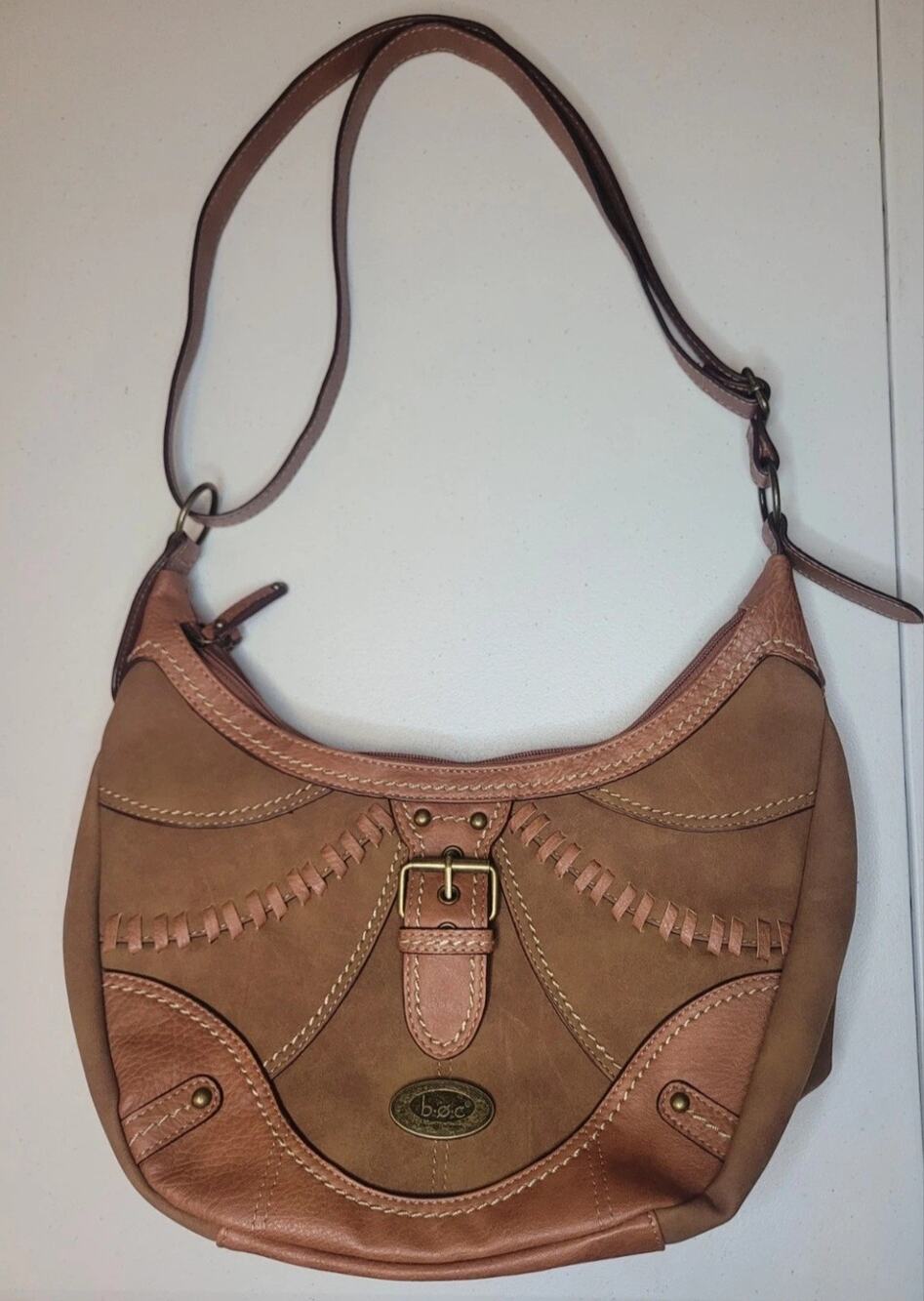 B.O.C Born Concept Shoulder Purse Bag Brown Vinyl Leather Dual Zips Stitches